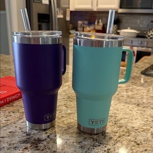 Pair of YETI Insulated Mugs in Purple and Mint - 35oz.